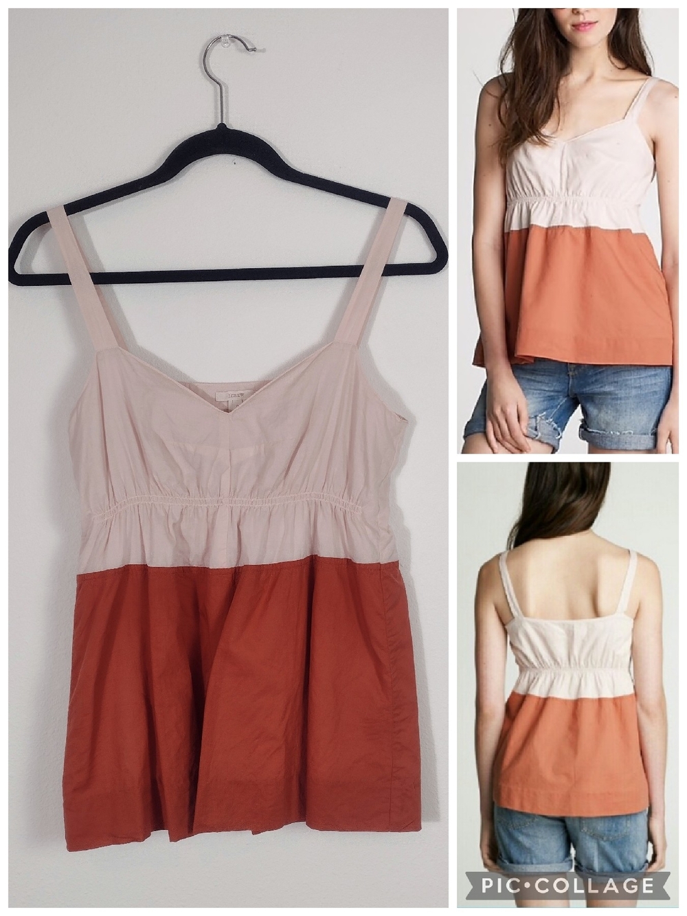 J. Crew Two Tone Cotton Katie Sweetheart Neck Babydoll Top Peach Rust Colorblock